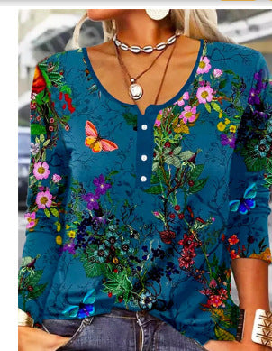 Long Sleeved Geometric Flower Mang U-neck Button Up T-shirt For Women ZAHA ZAHA 34.99