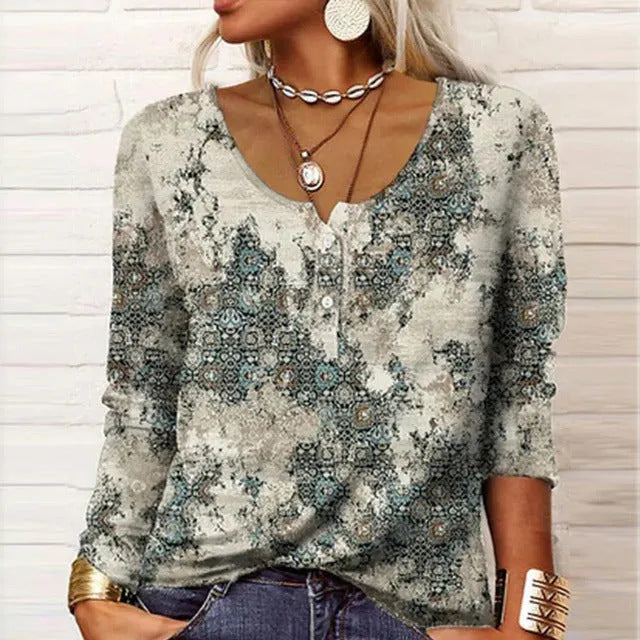 Long Sleeved Geometric Flower Mang U-neck Button Up T-shirt For Women ZAHA ZAHA 34.99