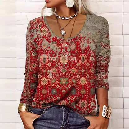 Long Sleeved Geometric Flower Mang U-neck Button Up T-shirt For Women ZAHA ZAHA