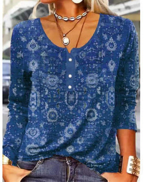 Long Sleeved Geometric Flower Mang U-neck Button Up T-shirt For Women ZAHA ZAHA 34.99