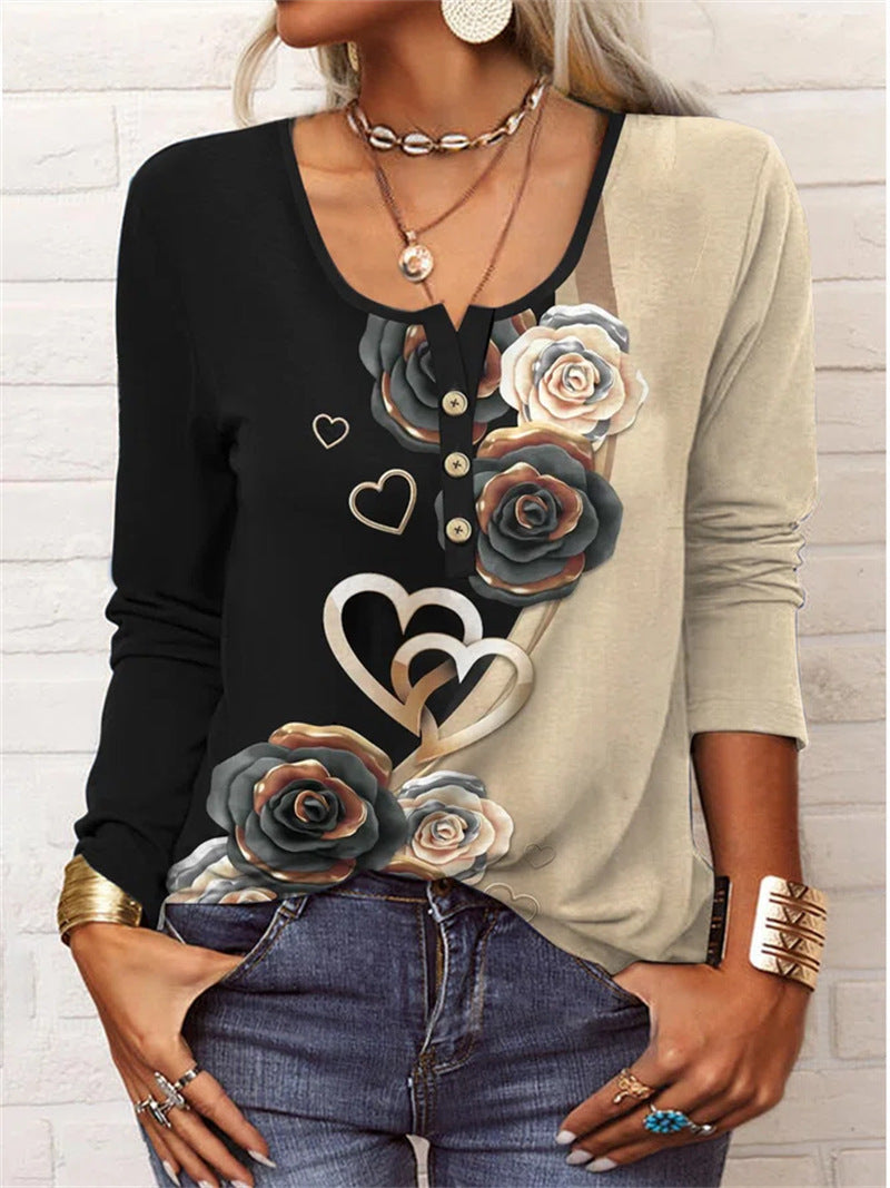 Long Sleeved Geometric Flower Mang U-neck Button Up T-shirt For Women ZAHA ZAHA 34.99