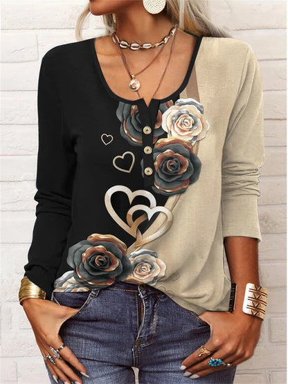 Long Sleeved Geometric Flower Mang U-neck Button Up T-shirt For Women ZAHA ZAHA 34.99