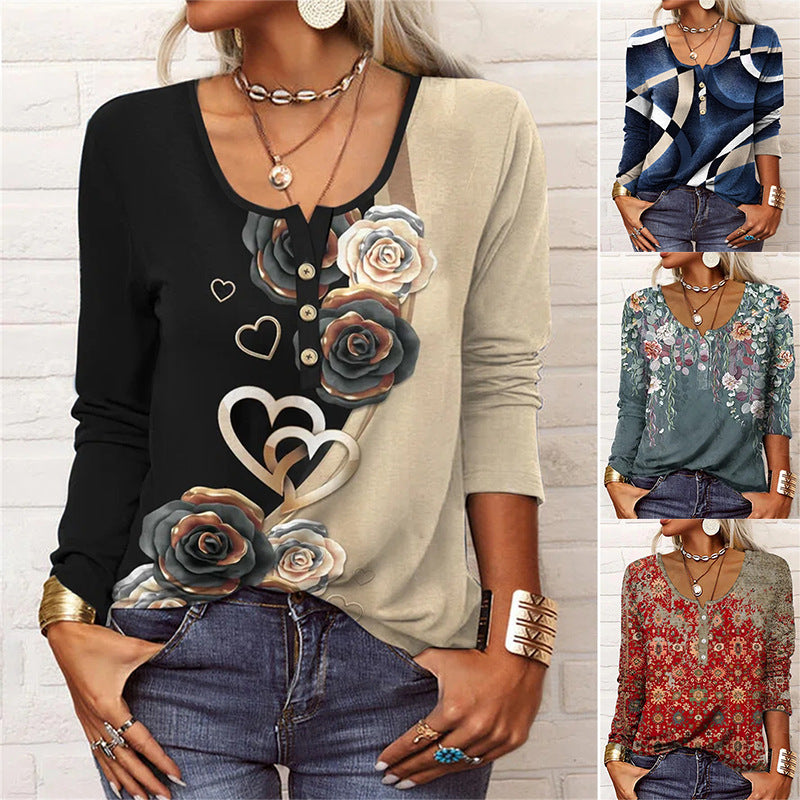 Long Sleeved Geometric Flower Mang U-neck Button Up T-shirt For Women ZAHA ZAHA