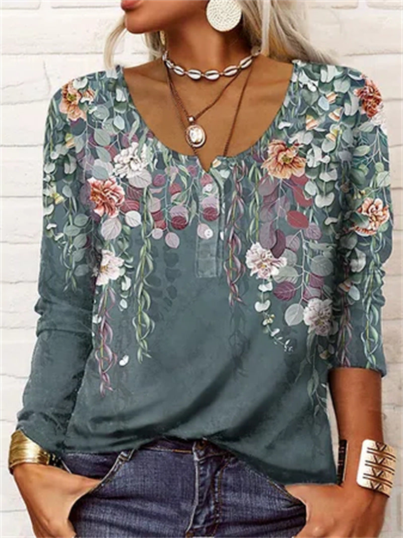 Long Sleeved Geometric Flower Mang U-neck Button Up T-shirt For Women ZAHA ZAHA 34.99
