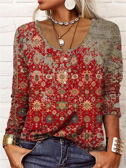 Long Sleeved Geometric Flower Mang U-neck Button Up T-shirt For Women ZAHA ZAHA 34.99