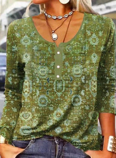 Long Sleeved Geometric Flower Mang U-neck Button Up T-shirt For Women ZAHA ZAHA 34.99