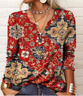 Long Sleeved Geometric Flower Mang U-neck Button Up T-shirt For Women ZAHA ZAHA 34.99