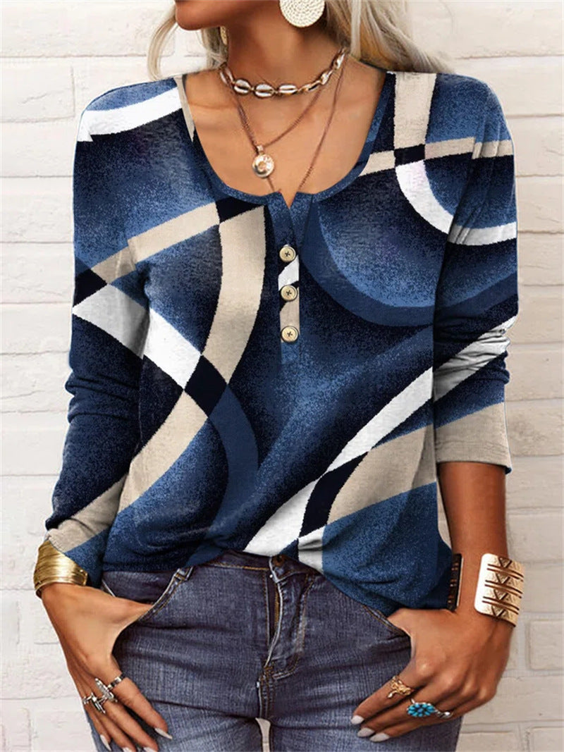 Long Sleeved Geometric Flower Mang U-neck Button Up T-shirt For Women ZAHA ZAHA 34.99
