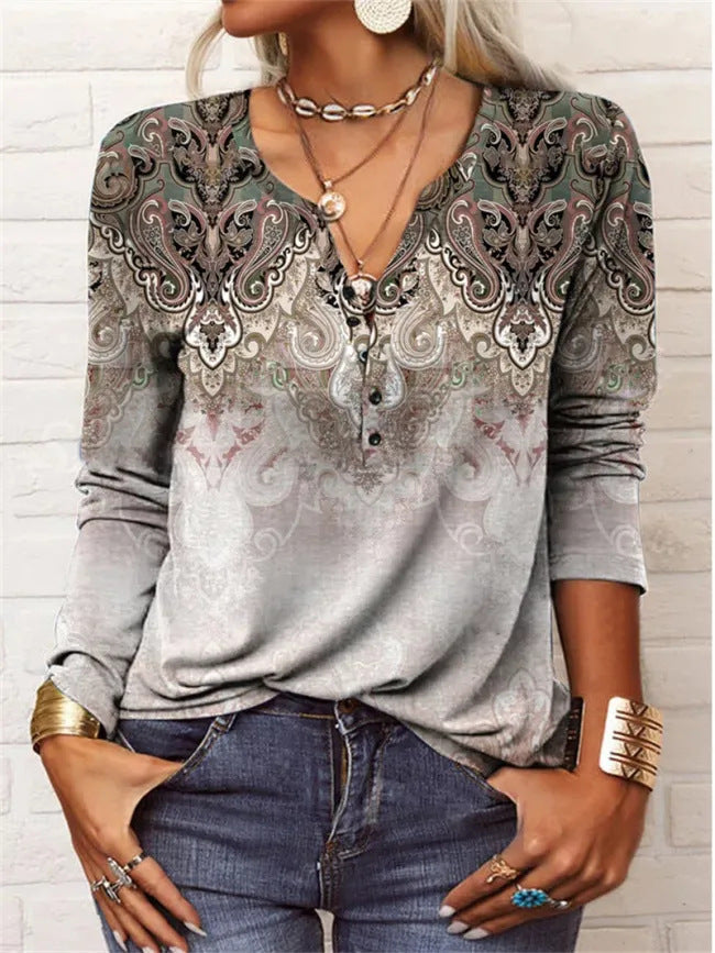 Long Sleeved Geometric Flower Mang U-neck Button Up T-shirt For Women ZAHA ZAHA 34.99