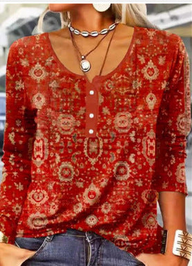 Long Sleeved Geometric Flower Mang U-neck Button Up T-shirt For Women ZAHA ZAHA 34.99