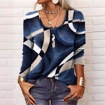 Long Sleeved Geometric Flower Mang U-neck Button Up T-shirt For Women ZAHA ZAHA
