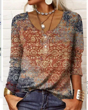 Long Sleeved Geometric Flower Mang U-neck Button Up T-shirt For Women ZAHA ZAHA 34.99